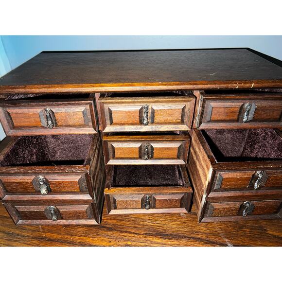 Vintage Mele Wooden Jewelry Dresser Box 7 Drawer Japan Jewel Case Velvet Drawers - Picture 2 of 9